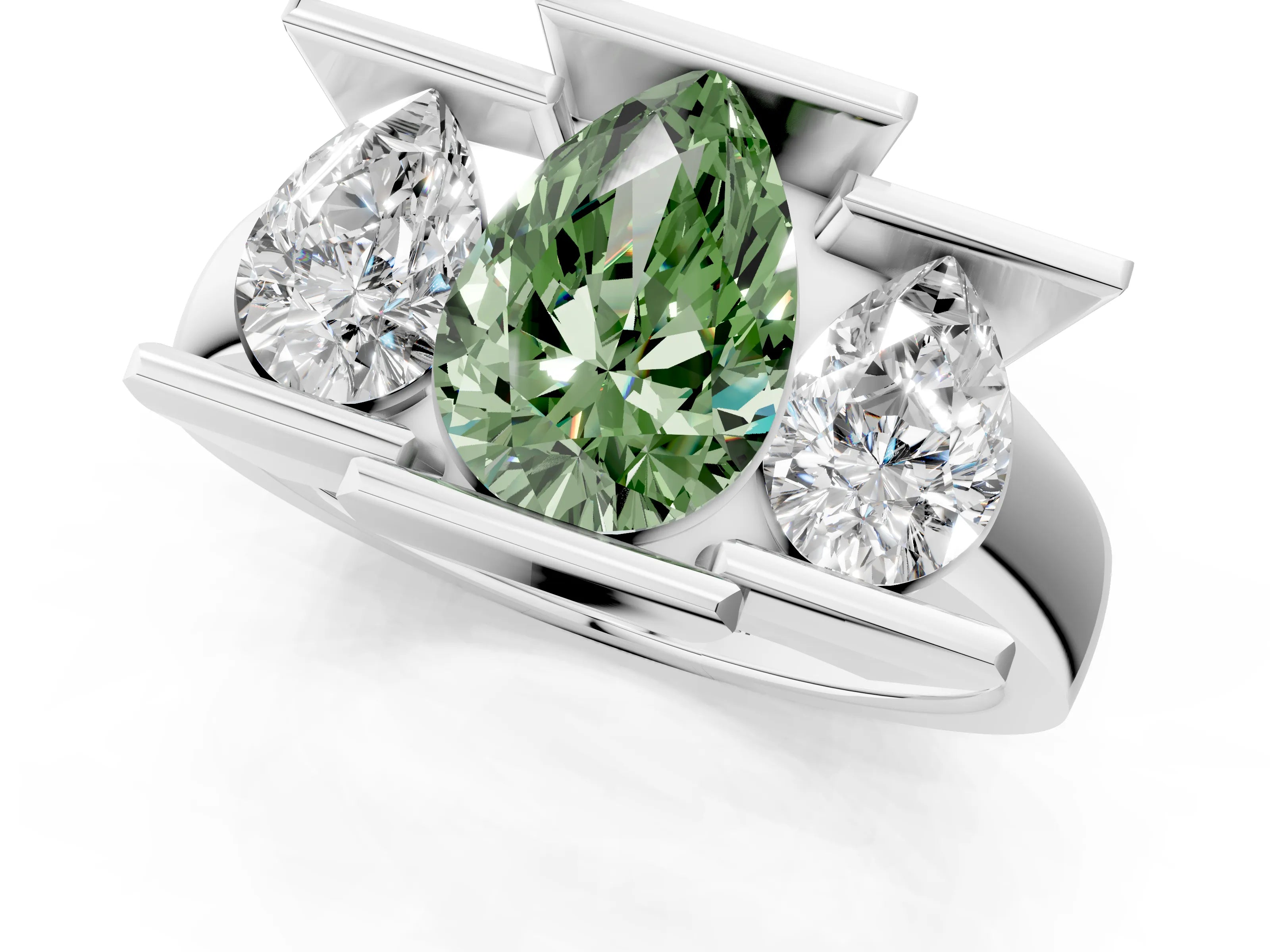 White gold Three Stone Fancy Green Pear Cut Cut Channel Set Diamond Ring_25