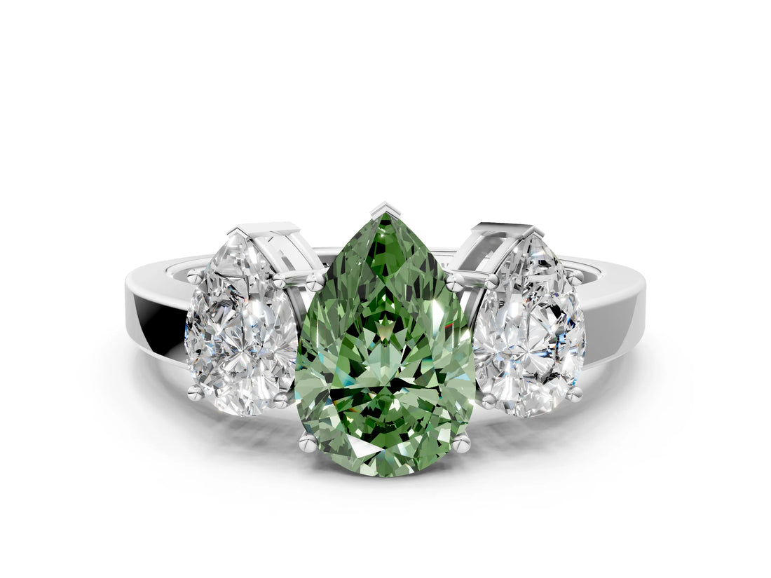 White gold Three-Stone Fancy Green Pear Cut Cut Diamond Engagement Ring with Flat Band and Four-Prong Setting_12