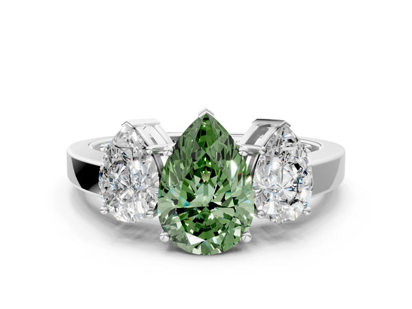 White gold Three-Stone Fancy Green Pear Cut Cut Diamond Engagement Ring with Flat Band and Four-Prong Setting
