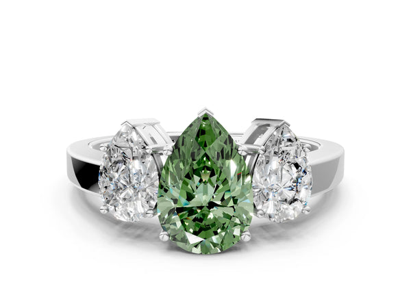 White gold Three-Stone Fancy Green Pear Cut Cut Diamond Engagement Ring with Flat Band and Four-Prong Setting