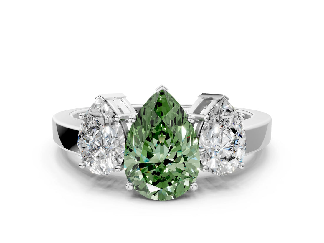 White gold Three-Stone Fancy Green Pear Cut Cut Diamond Engagement Ring with Flat Band and Four-Prong Setting_12