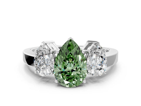 White gold Three-Stone Fancy Green Pear Cut Cut Diamond Engagement Ring with Flat Band and Four-Prong Setting_12