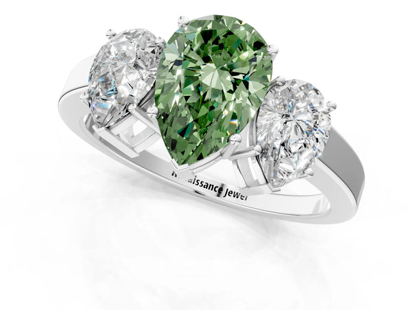 White gold Three-Stone Fancy Green Pear Cut Cut Diamond Engagement Ring with Flat Band and Four-Prong Setting