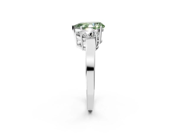 White gold Three-Stone Fancy Green Pear Cut Cut Diamond Engagement Ring with Flat Band and Four-Prong Setting