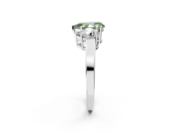 White gold Three-Stone Fancy Green Pear Cut Cut Diamond Engagement Ring with Flat Band and Four-Prong Setting