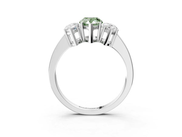 White gold Three-Stone Fancy Green Pear Cut Cut Diamond Engagement Ring with Flat Band and Four-Prong Setting
