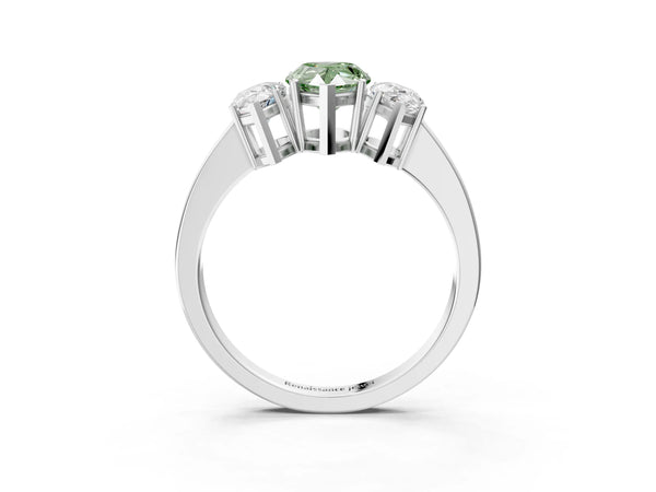 White gold Three-Stone Fancy Green Pear Cut Cut Diamond Engagement Ring with Flat Band and Four-Prong Setting