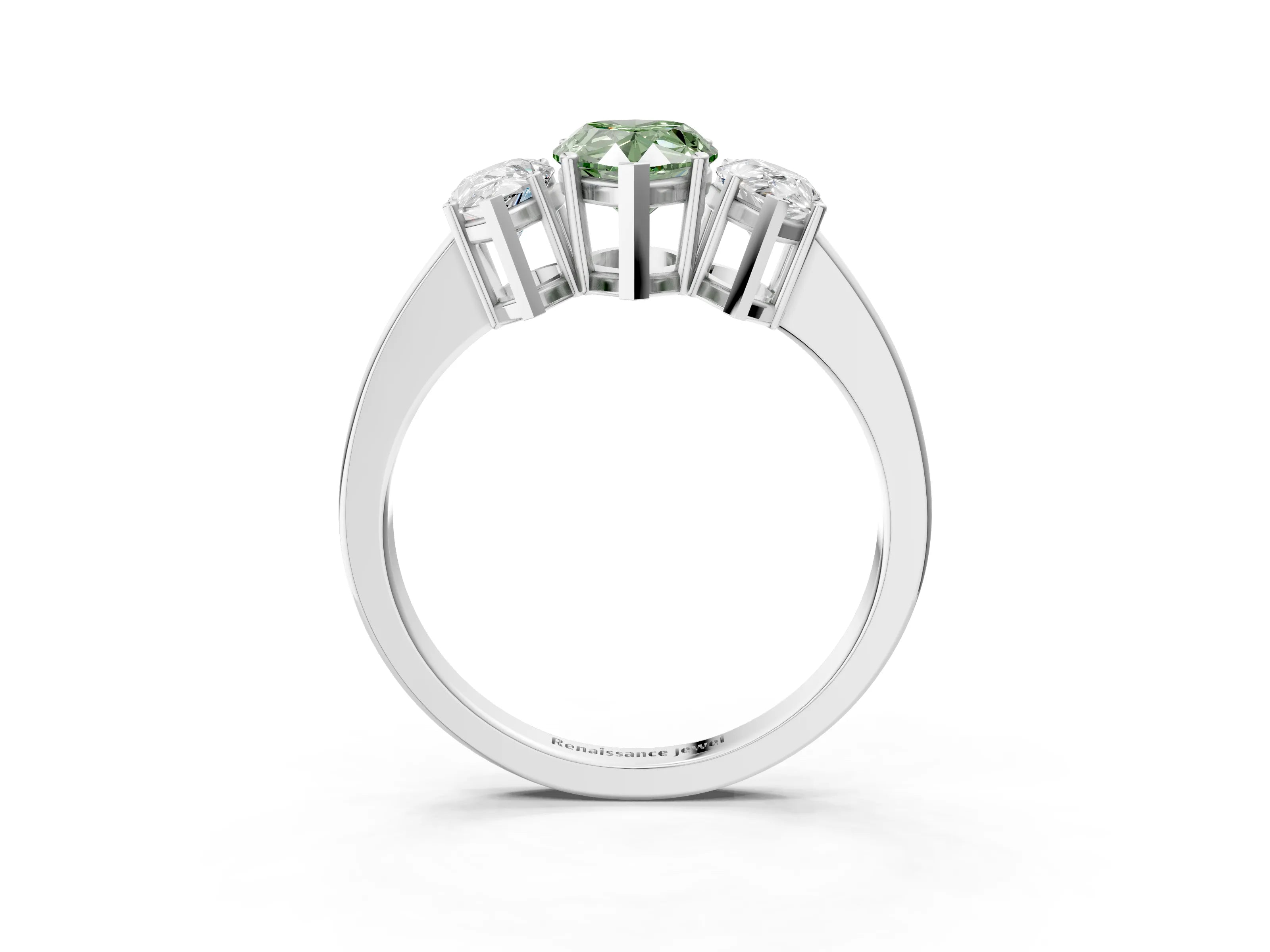 White gold Three-Stone Fancy Green Pear Cut Cut Diamond Engagement Ring with Flat Band and Four-Prong Setting_16