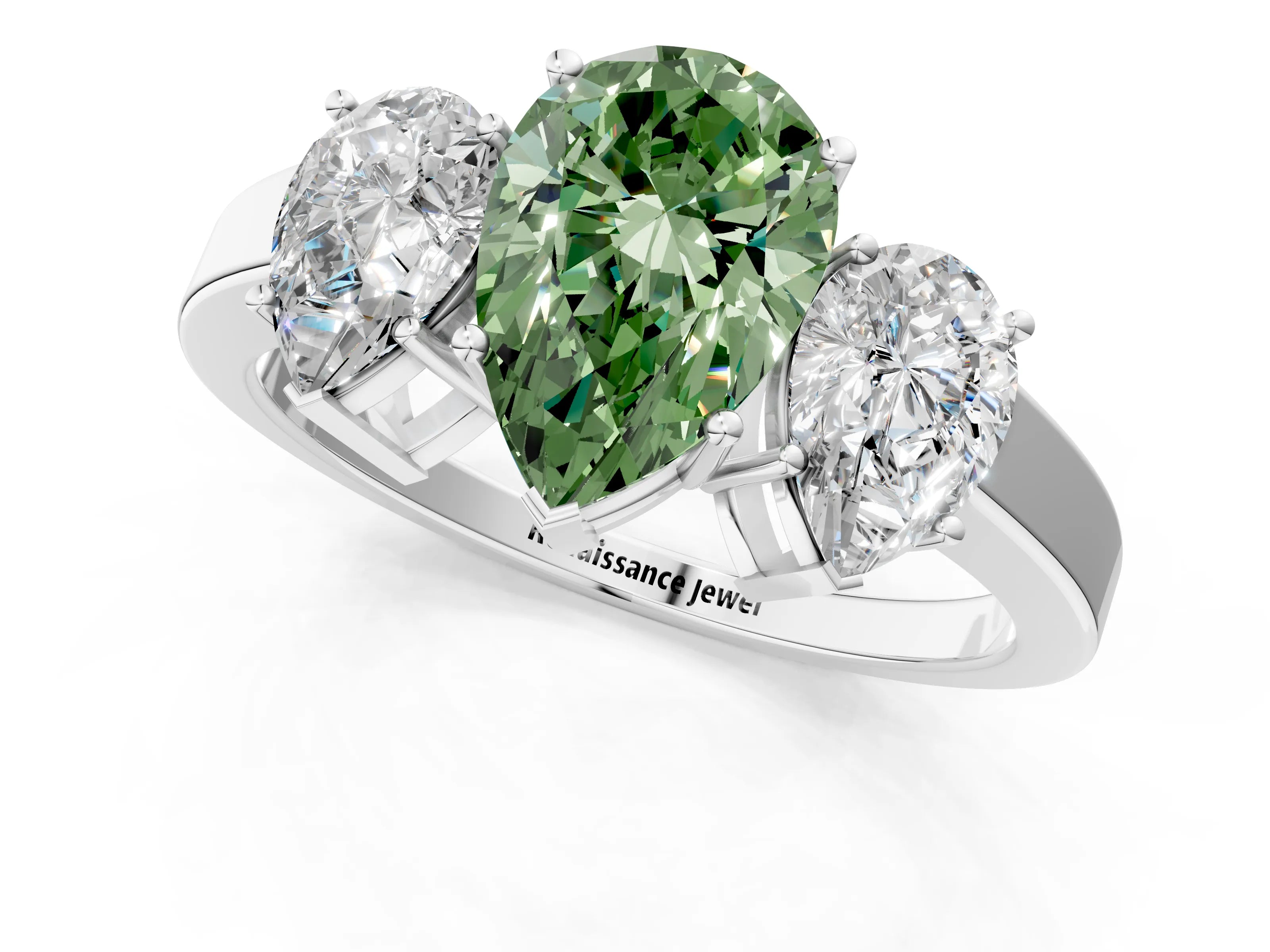 White gold Three-Stone Fancy Green Pear Cut Cut Diamond Engagement Ring with Flat Band and Four-Prong Setting_1