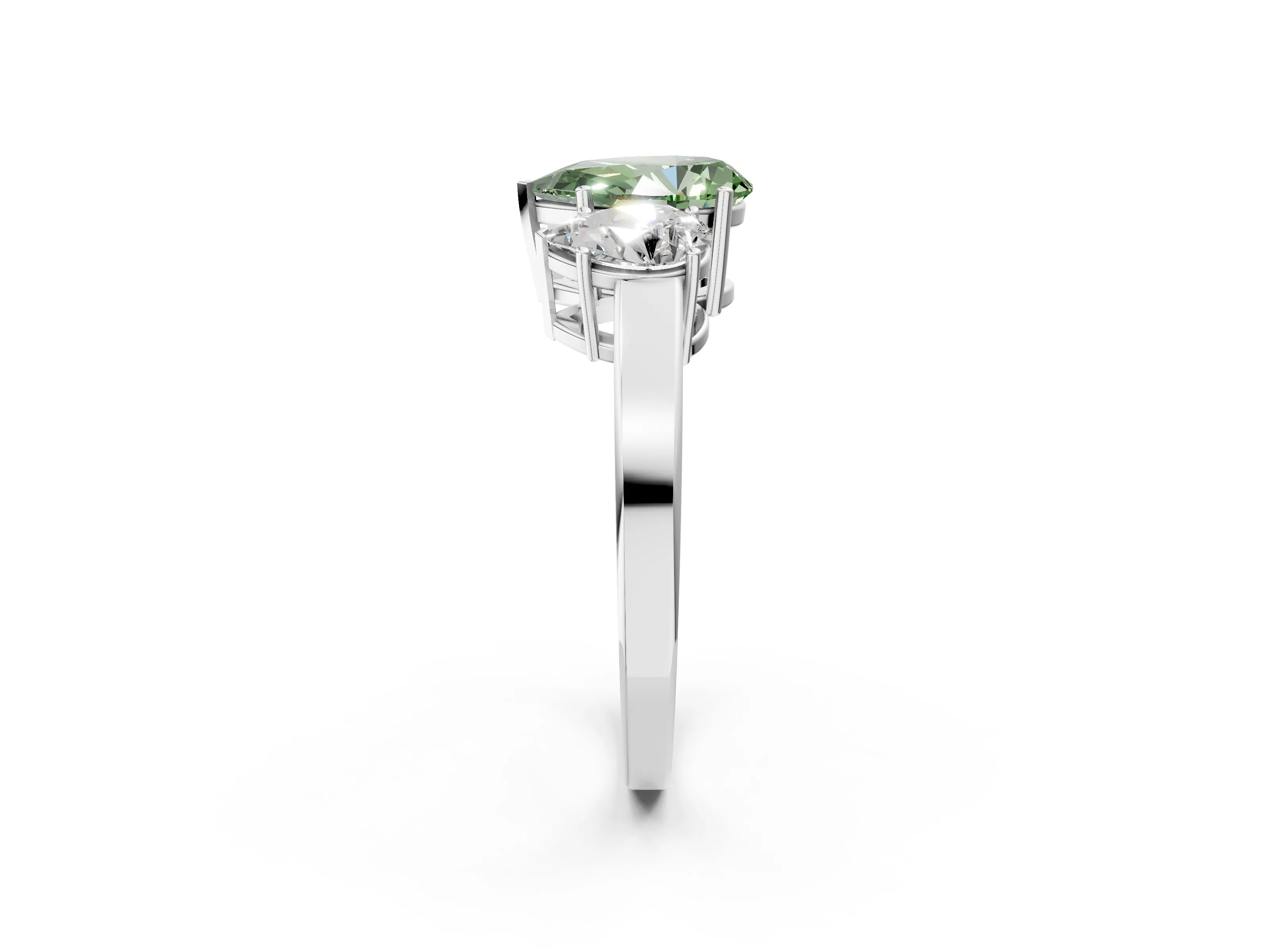 White gold Three-Stone Fancy Green Pear Cut Cut Diamond Engagement Ring with Flat Band and Four-Prong Setting_2