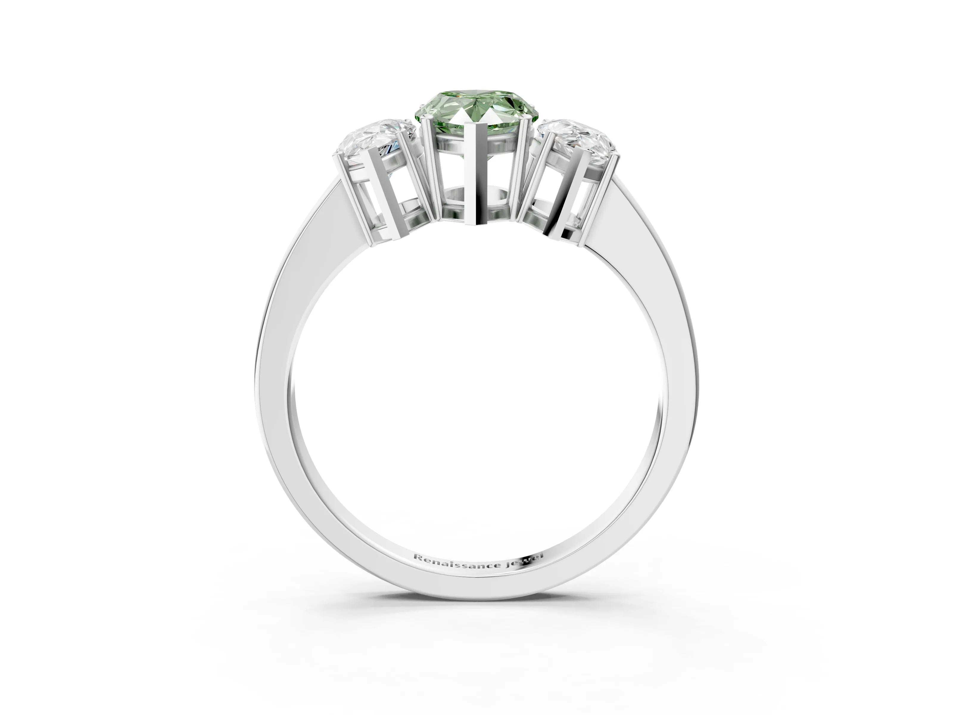 White gold Three-Stone Fancy Green Pear Cut Cut Diamond Engagement Ring with Flat Band and Four-Prong Setting_3