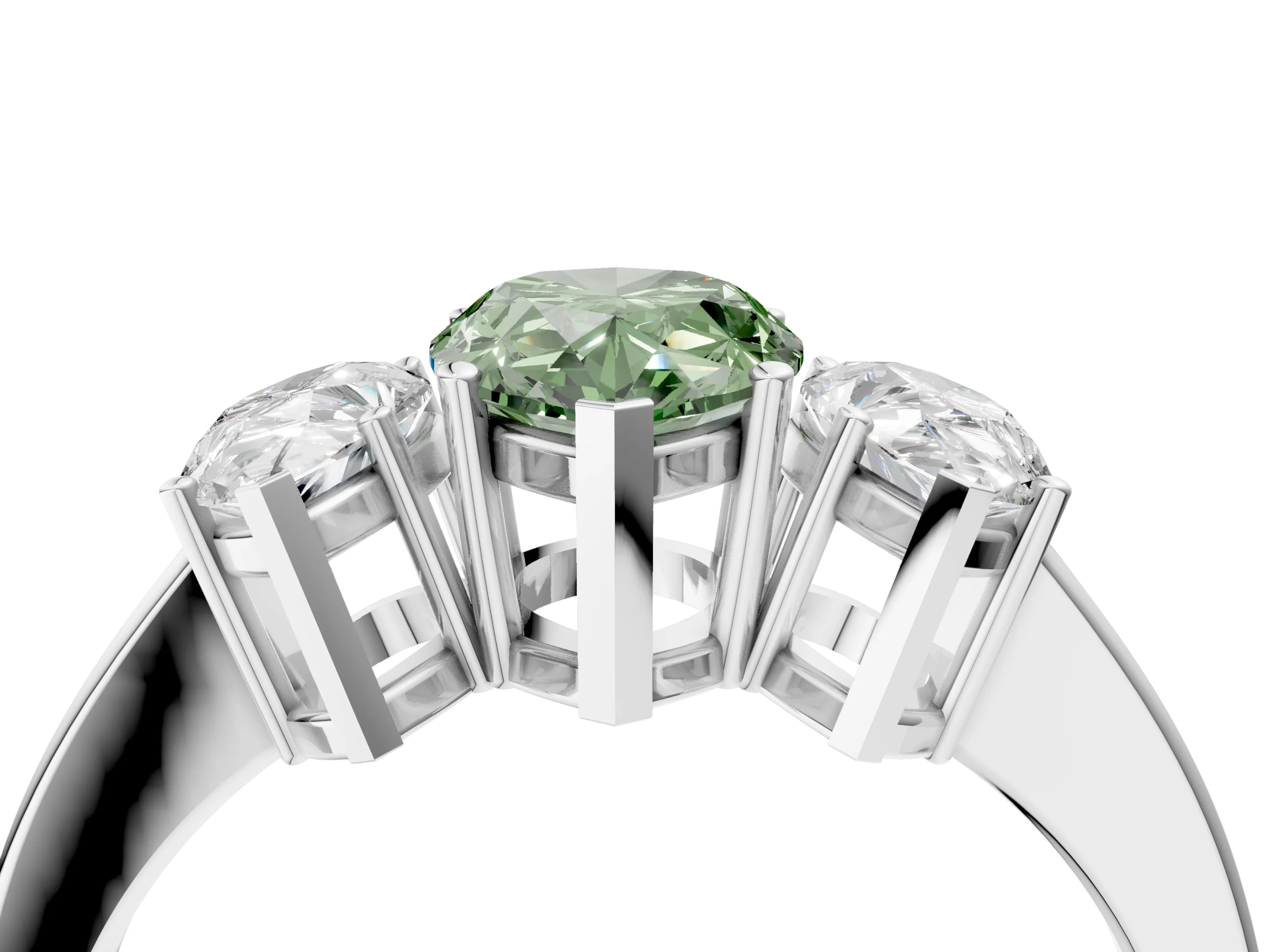 White gold Three-Stone Fancy Green Pear Cut Cut Diamond Engagement Ring with Flat Band and Four-Prong Setting_4