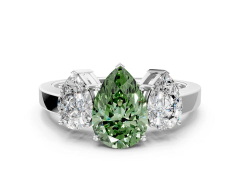 White gold Three-Stone Fancy Green Pear Cut Cut Diamond Engagement Ring with Flat Band and Four-Prong Setting