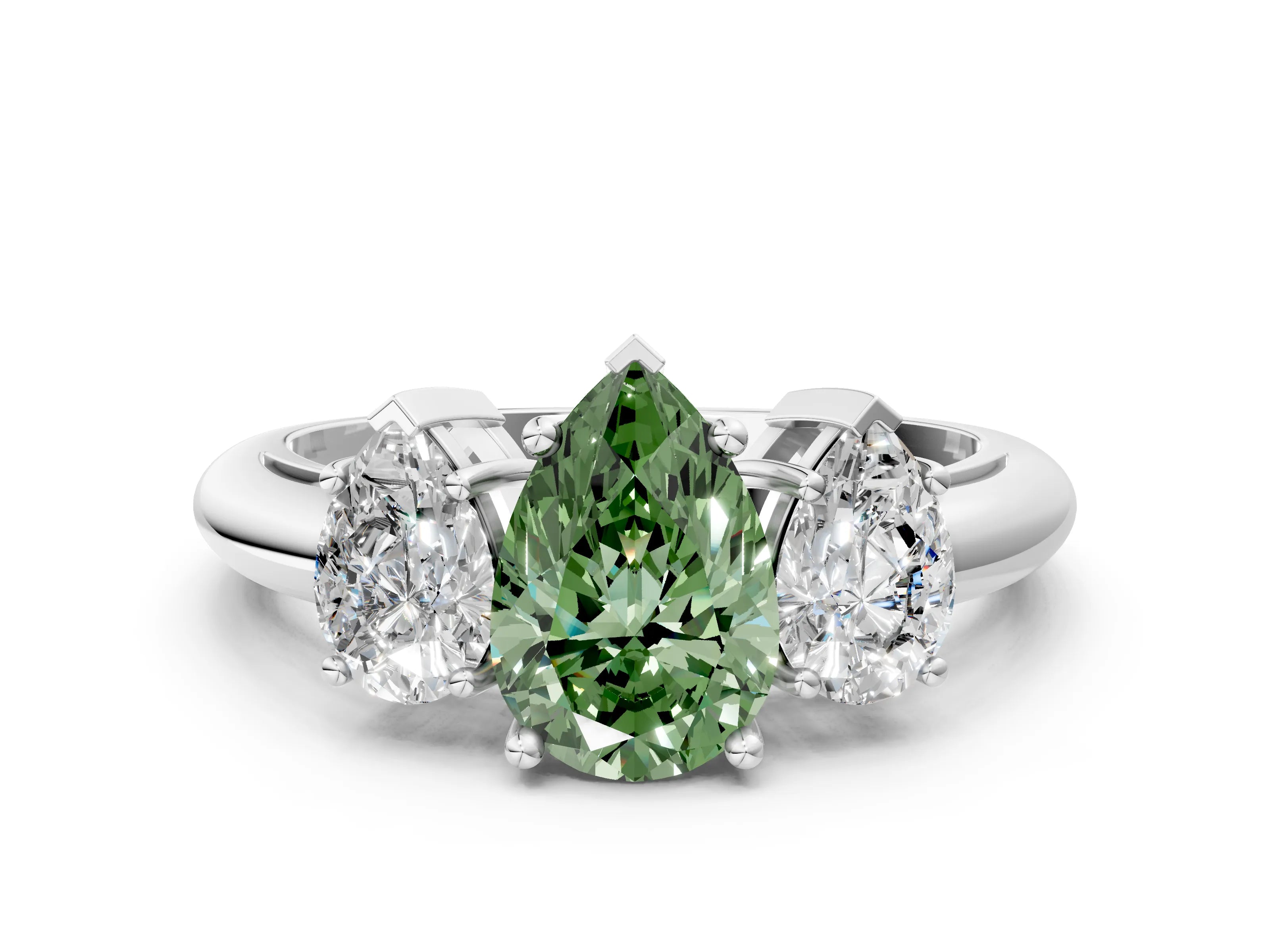 White gold Three-Stone Fancy Green Pear Cut Cut Diamond Engagement Ring with Prong Setting on a White Gold Band_12