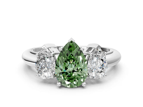 White gold Three-Stone Fancy Green Pear Cut Cut Diamond Engagement Ring with Prong Setting on a White Gold Band_12
