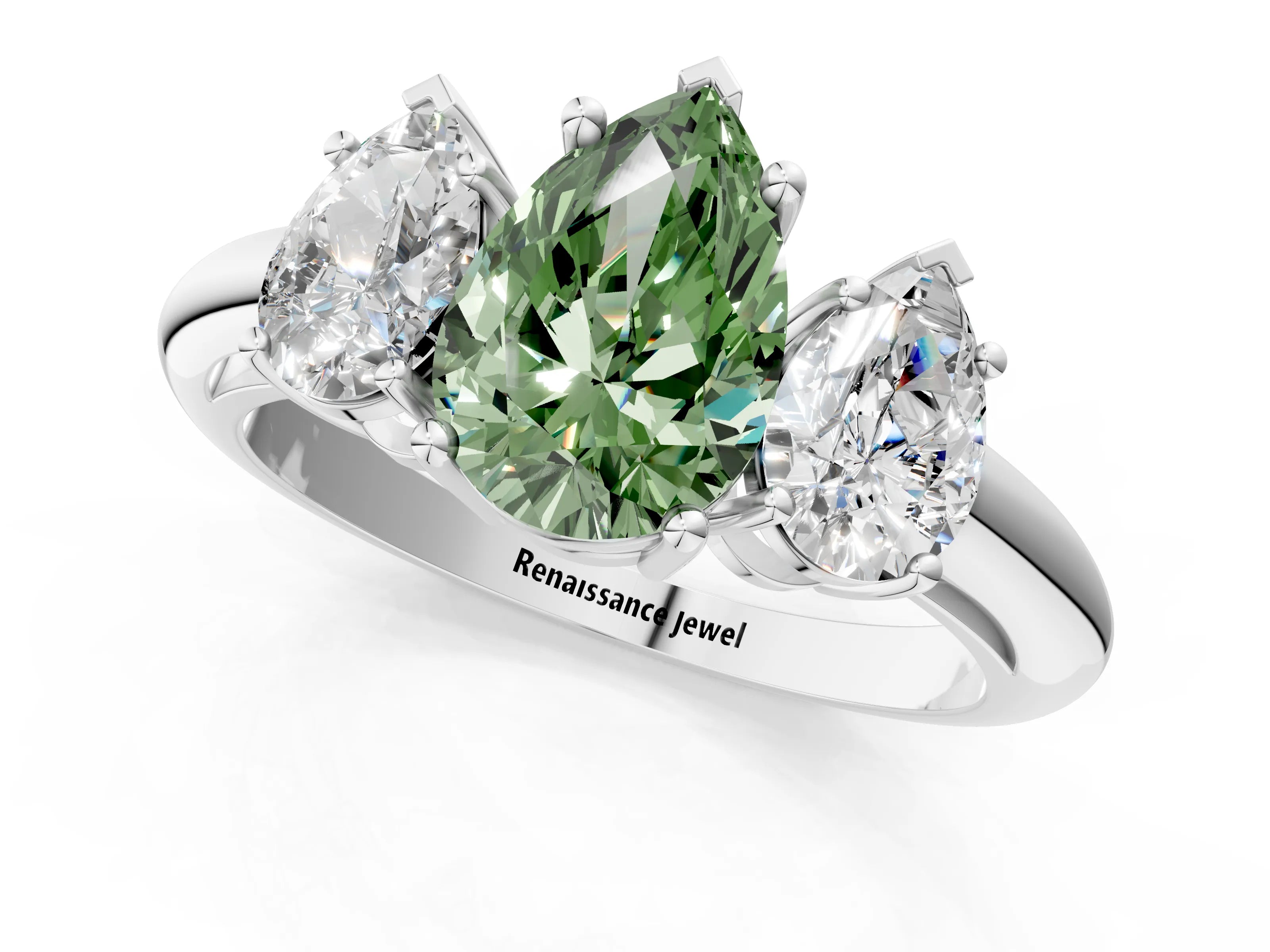White gold Three-Stone Fancy Green Pear Cut Cut Diamond Engagement Ring with Prong Setting on a White Gold Band_13