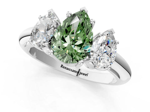 White gold Three-Stone Fancy Green Pear Cut Cut Diamond Engagement Ring with Prong Setting on a White Gold Band_13