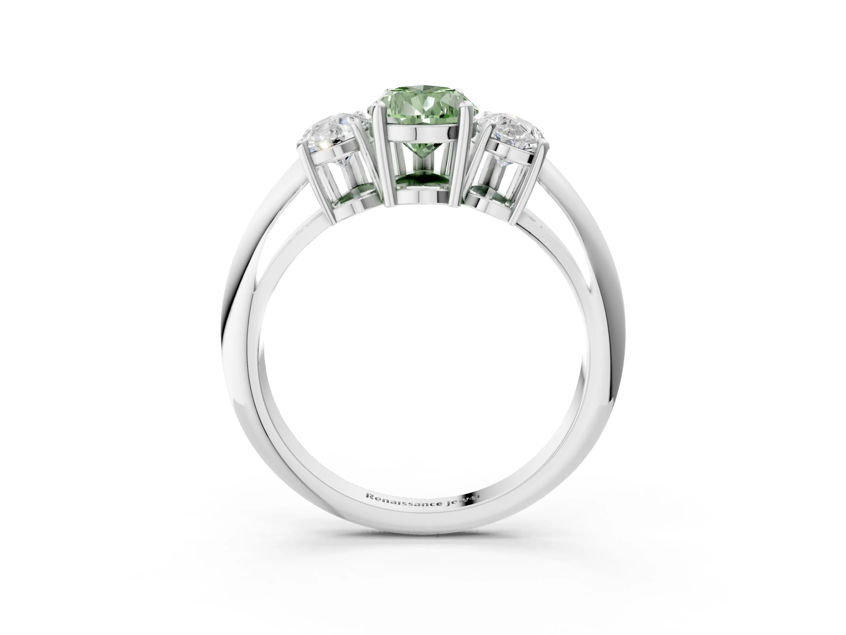 White gold Three-Stone Fancy Green Pear Cut Cut Diamond Engagement Ring with Prong Setting on a White Gold Band_15