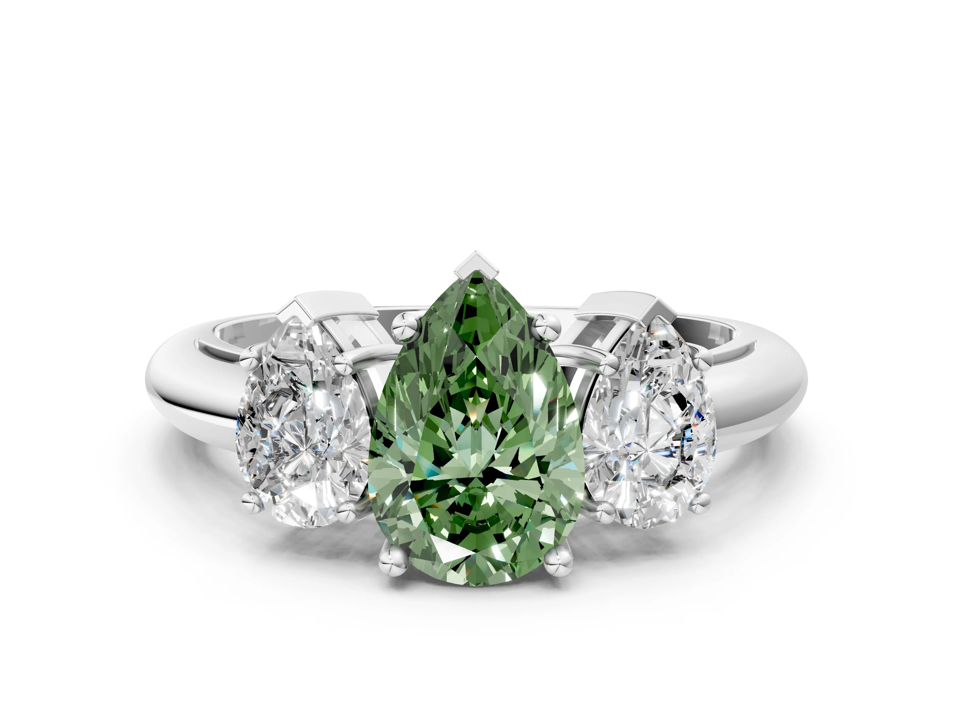 White gold Three-Stone Fancy Green Pear Cut Cut Diamond Engagement Ring with Prong Setting on a White Gold Band_60