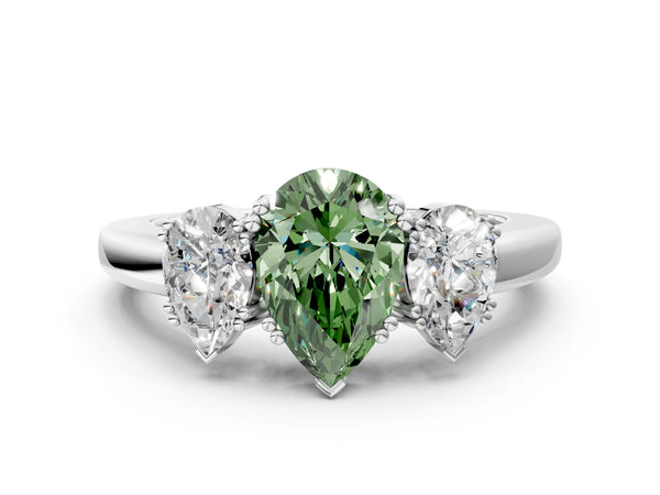White gold Three-Stone Fancy Green Pear Cut Cut Diamond Ring with Channel Set Band and Four-Prong Setting