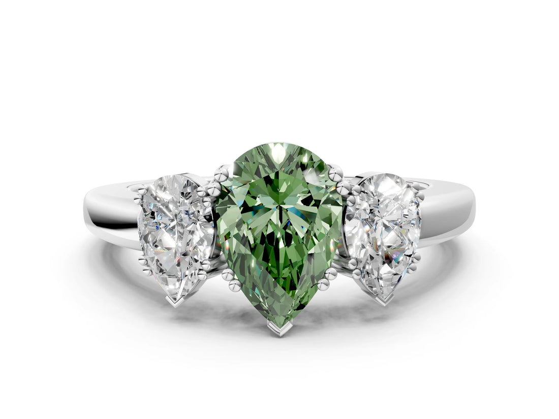 White gold Three-Stone Fancy Green Pear Cut Cut Diamond Ring with Channel Set Band and Four-Prong Setting_60