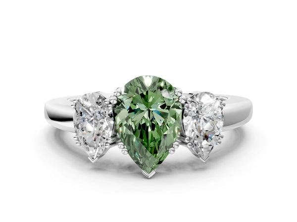 White gold Three-Stone Fancy Green Pear Cut Cut Diamond Ring with Channel Set Band and Four-Prong Setting