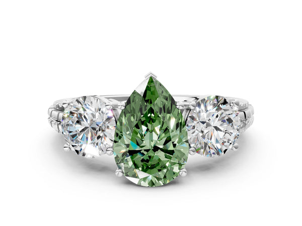 Platinum Pear-Shaped Three-Stone Engagement Ring Setting for Fancy Green Center with Engraved Band