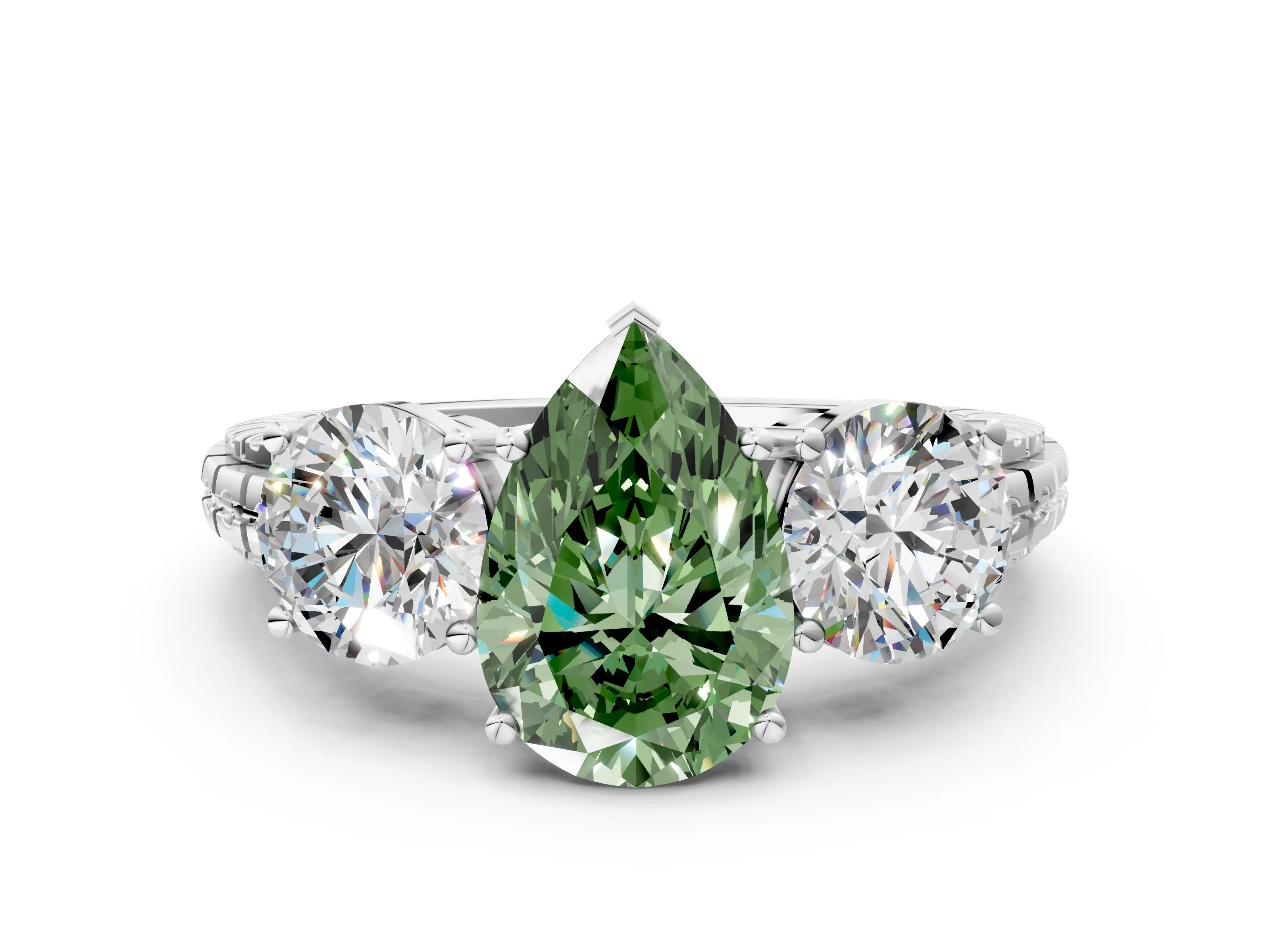 White gold Three-Stone Fancy Green Pear Cut Cut Diamond Ring with Channel-Set Band and Prong Setting_12