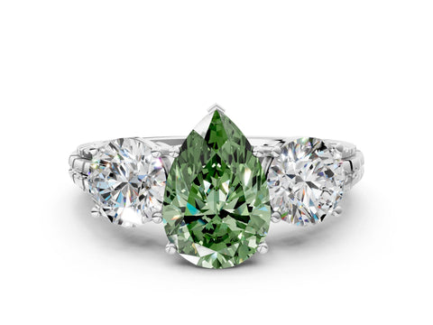 White gold Three-Stone Fancy Green Pear Cut Cut Diamond Ring with Channel-Set Band and Prong Setting_12