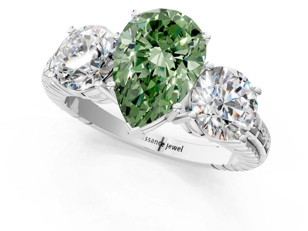 Platinum Pear-Shaped Three-Stone Engagement Ring Setting for Fancy Green Center with Engraved Band