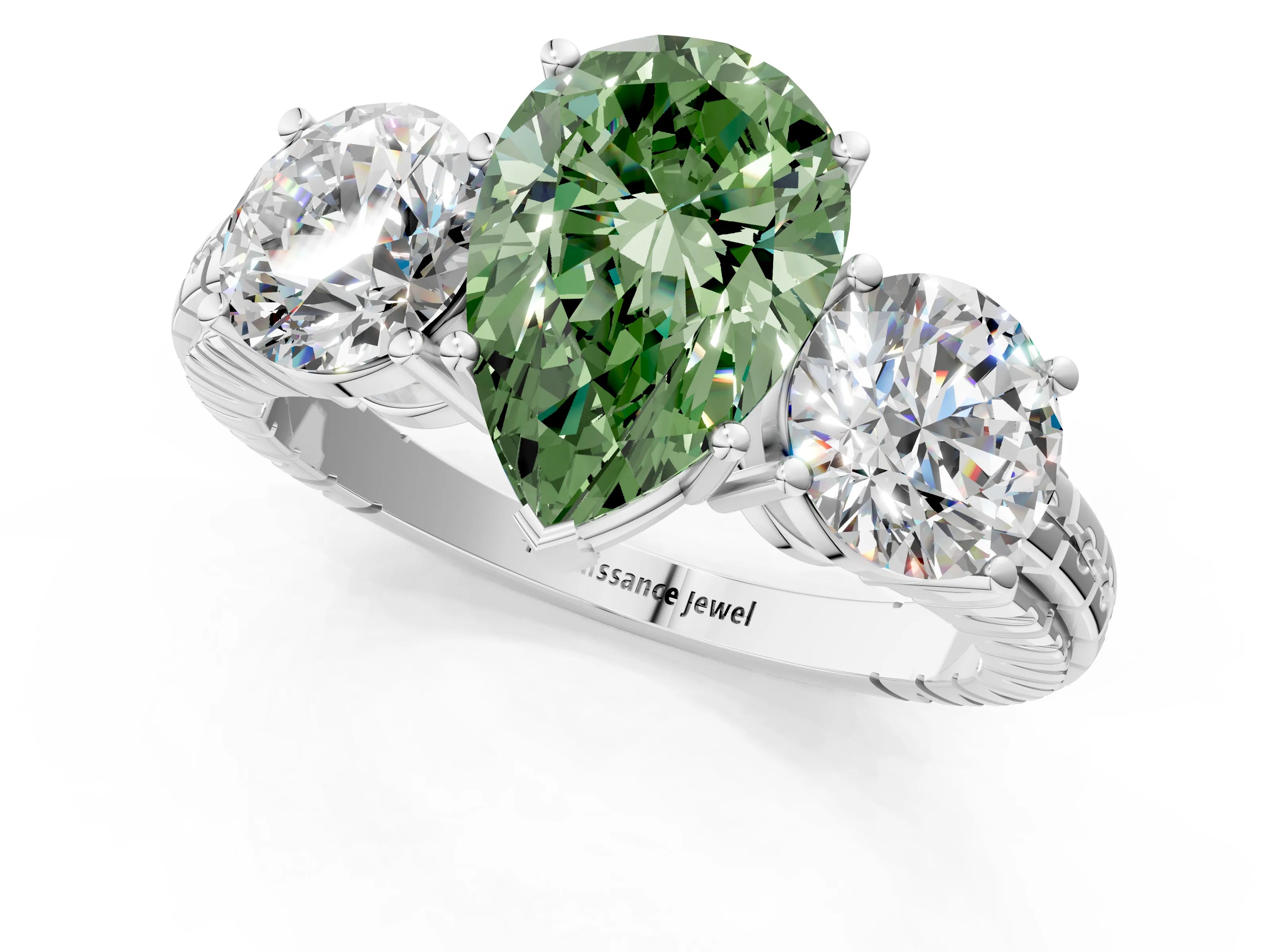 White gold Three-Stone Fancy Green Pear Cut Cut Diamond Ring with Channel-Set Band and Prong Setting_13