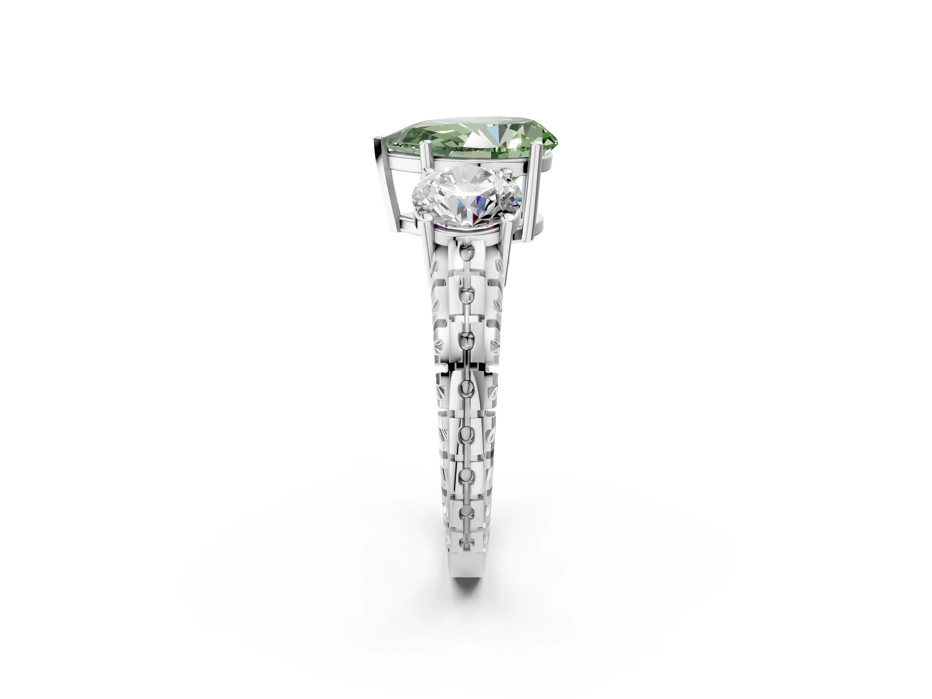 White gold Three-Stone Fancy Green Pear Cut Cut Diamond Ring with Channel-Set Band and Prong Setting_14