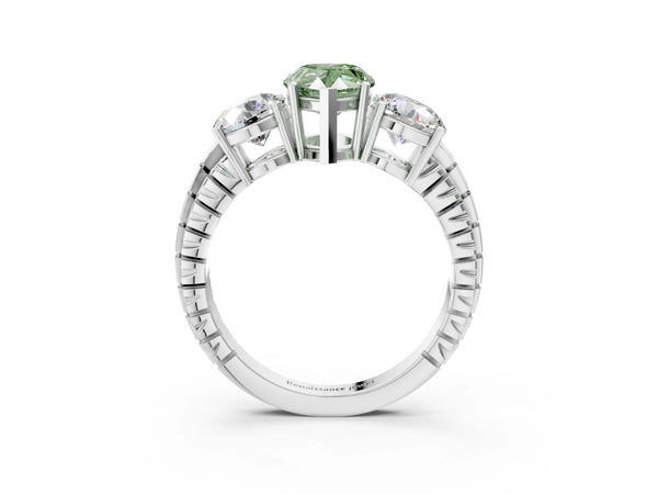Platinum Pear-Shaped Three-Stone Engagement Ring Setting for Fancy Green Center with Engraved Band