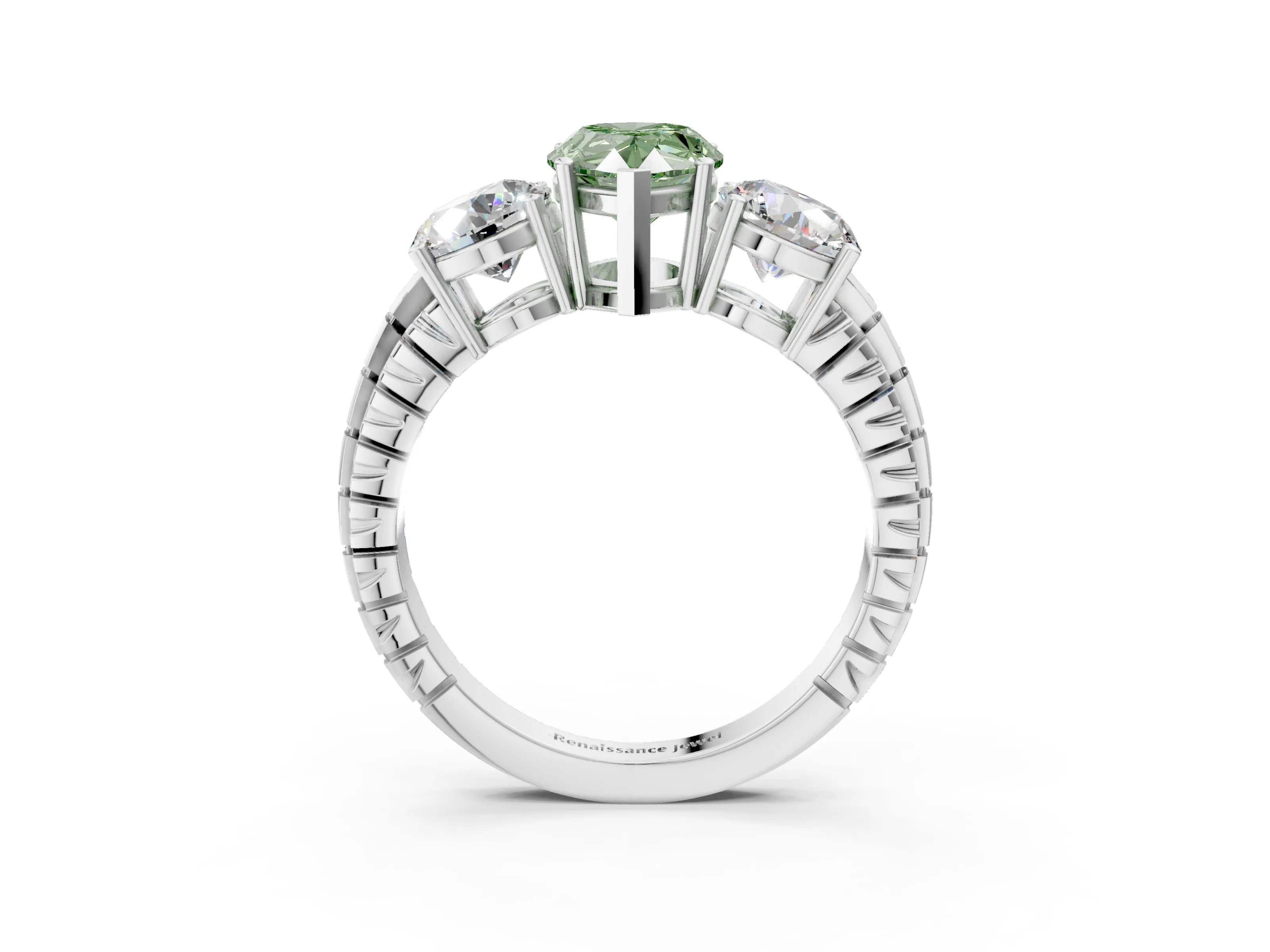 White gold Three-Stone Fancy Green Pear Cut Cut Diamond Ring with Channel-Set Band and Prong Setting_15