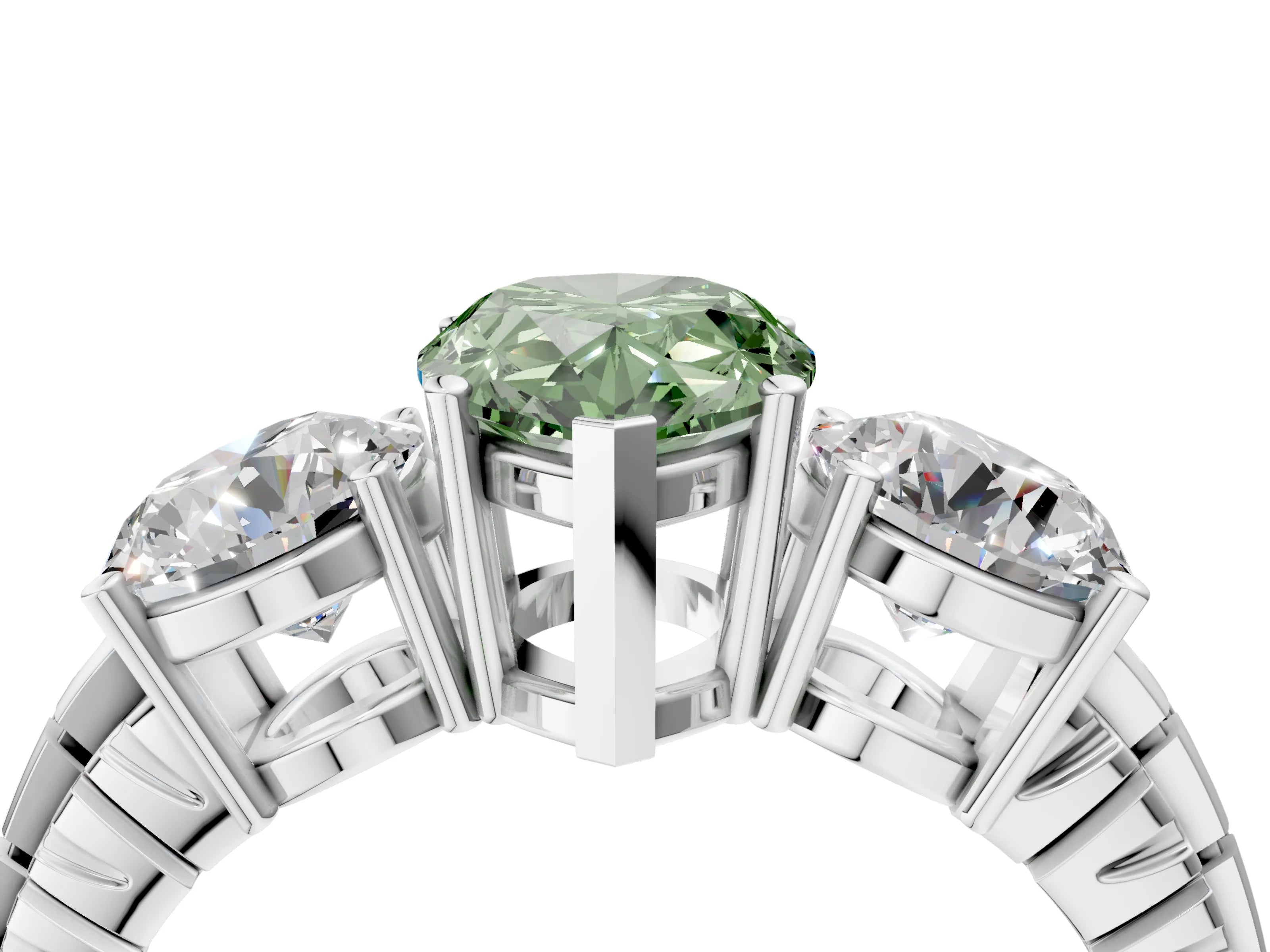 White gold Three-Stone Fancy Green Pear Cut Cut Diamond Ring with Channel-Set Band and Prong Setting_16