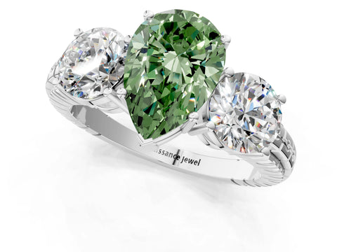 White gold Three-Stone Fancy Green Pear Cut Cut Diamond Ring with Channel-Set Band and Prong Setting_1