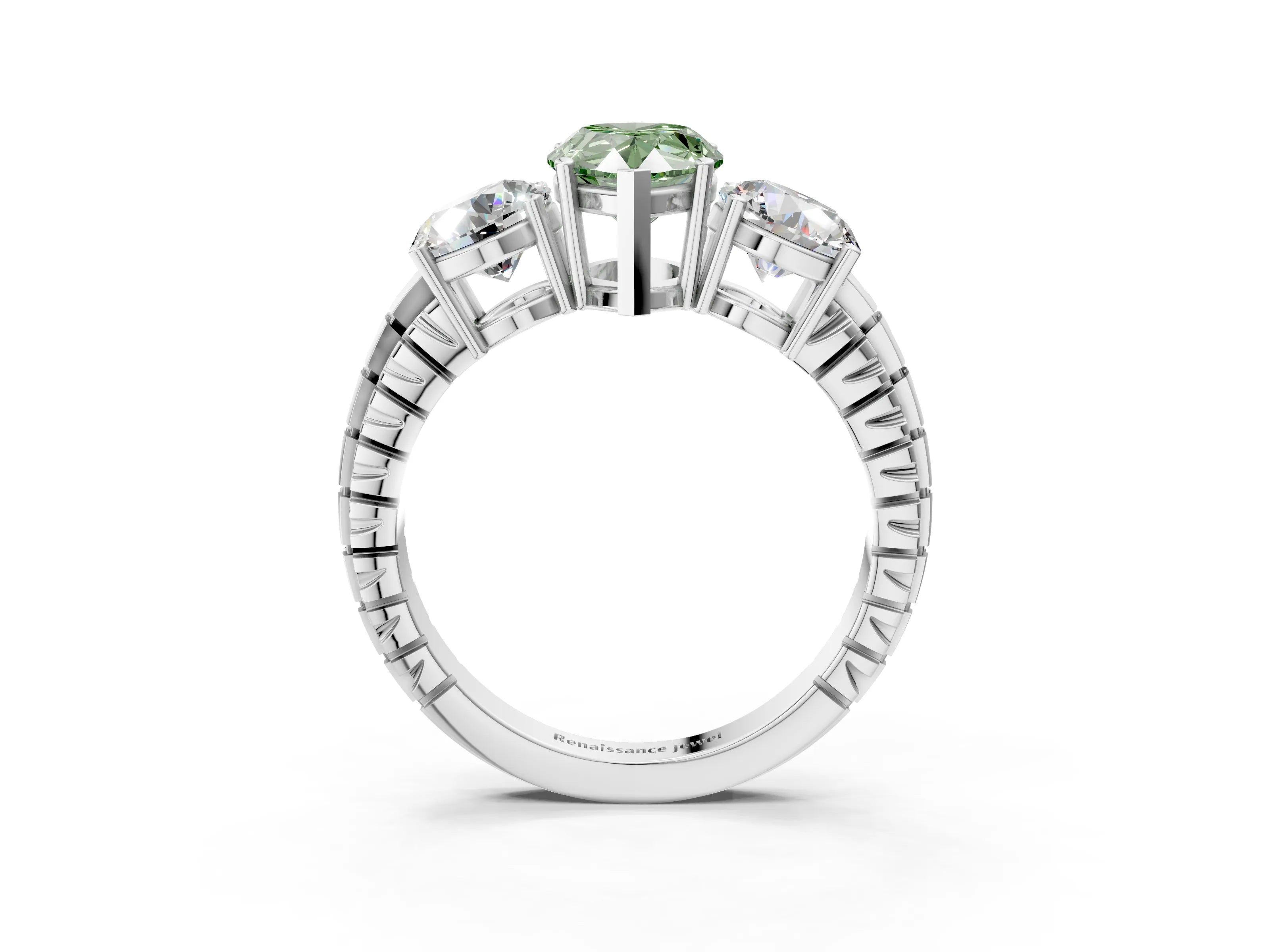 White gold Three-Stone Fancy Green Pear Cut Cut Diamond Ring with Channel-Set Band and Prong Setting_3
