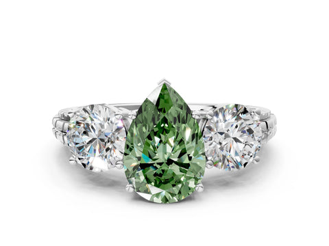 White gold Three-Stone Fancy Green Pear Cut Cut Diamond Ring with Channel-Set Band and Prong Setting