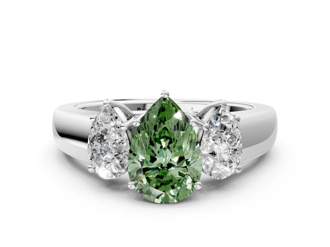 White gold Three-Stone Fancy Green Pear Cut Cut Diamond Ring with Prong Setting and Classic Band