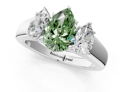 White gold Three-Stone Fancy Green Pear Cut Cut Diamond Ring with Prong Setting and Classic Band_1