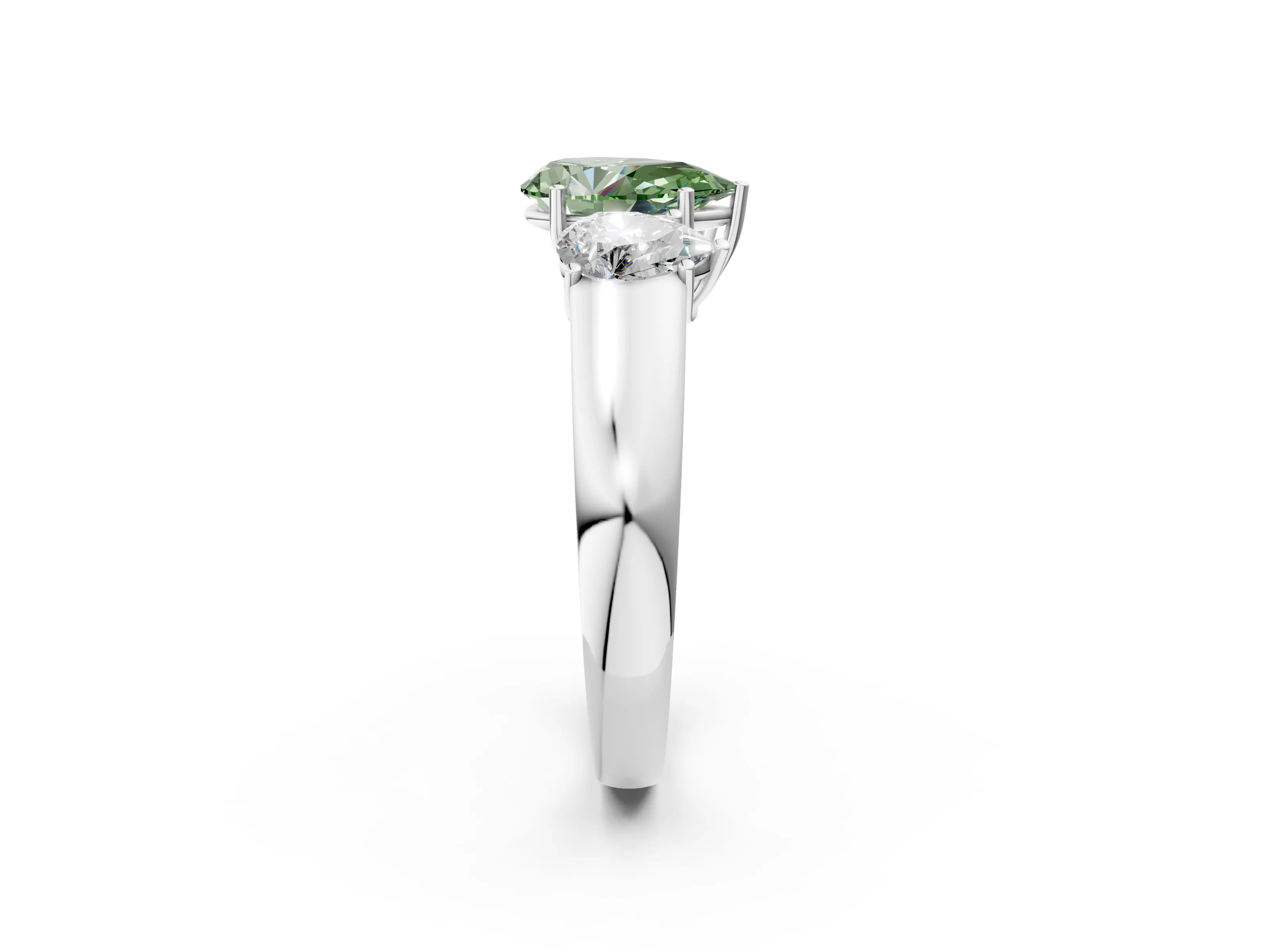 White gold Three-Stone Fancy Green Pear Cut Cut Diamond Ring with Prong Setting and Classic Band_2