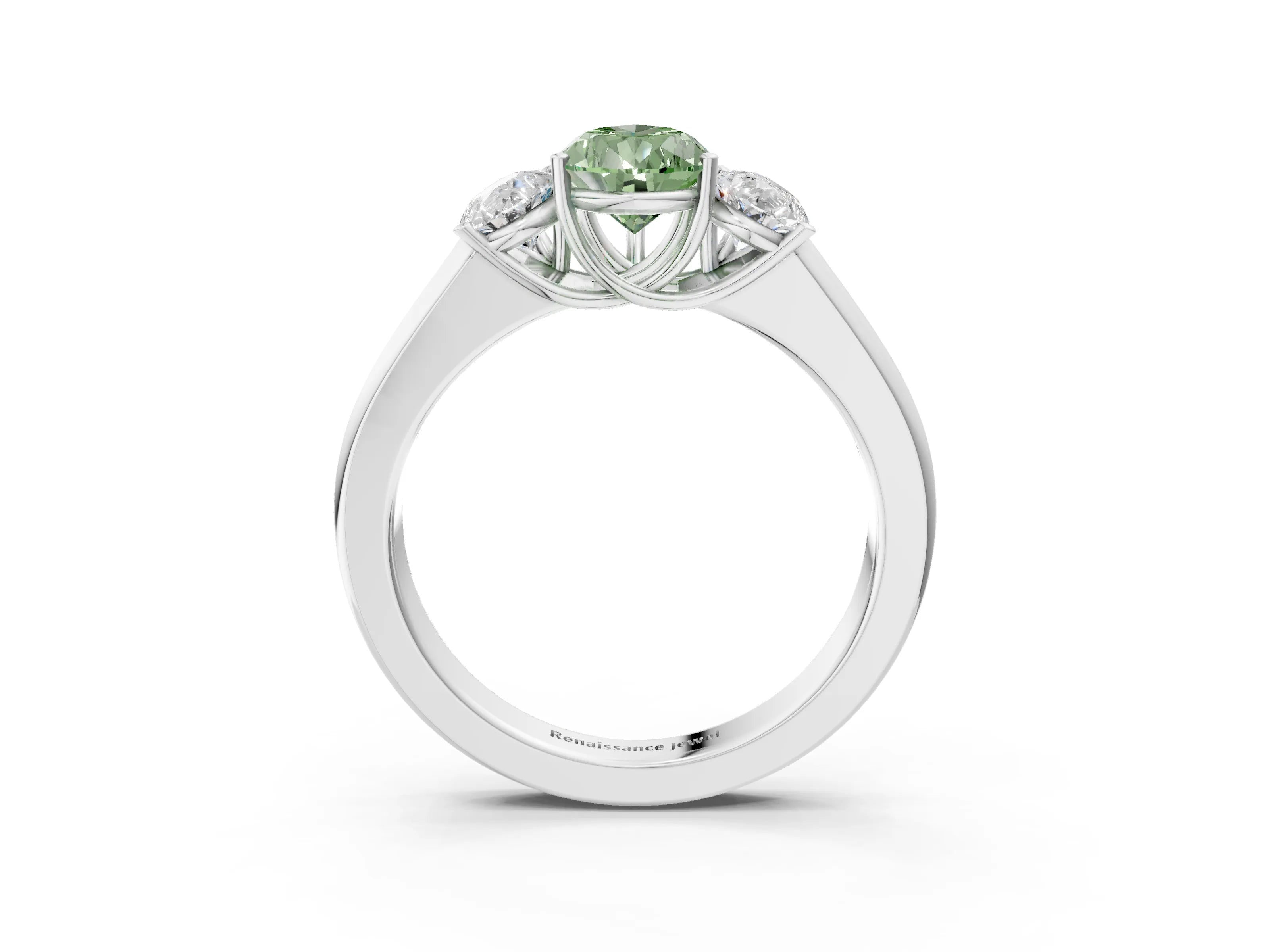 White gold Three-Stone Fancy Green Pear Cut Cut Diamond Ring with Prong Setting and Classic Band_3