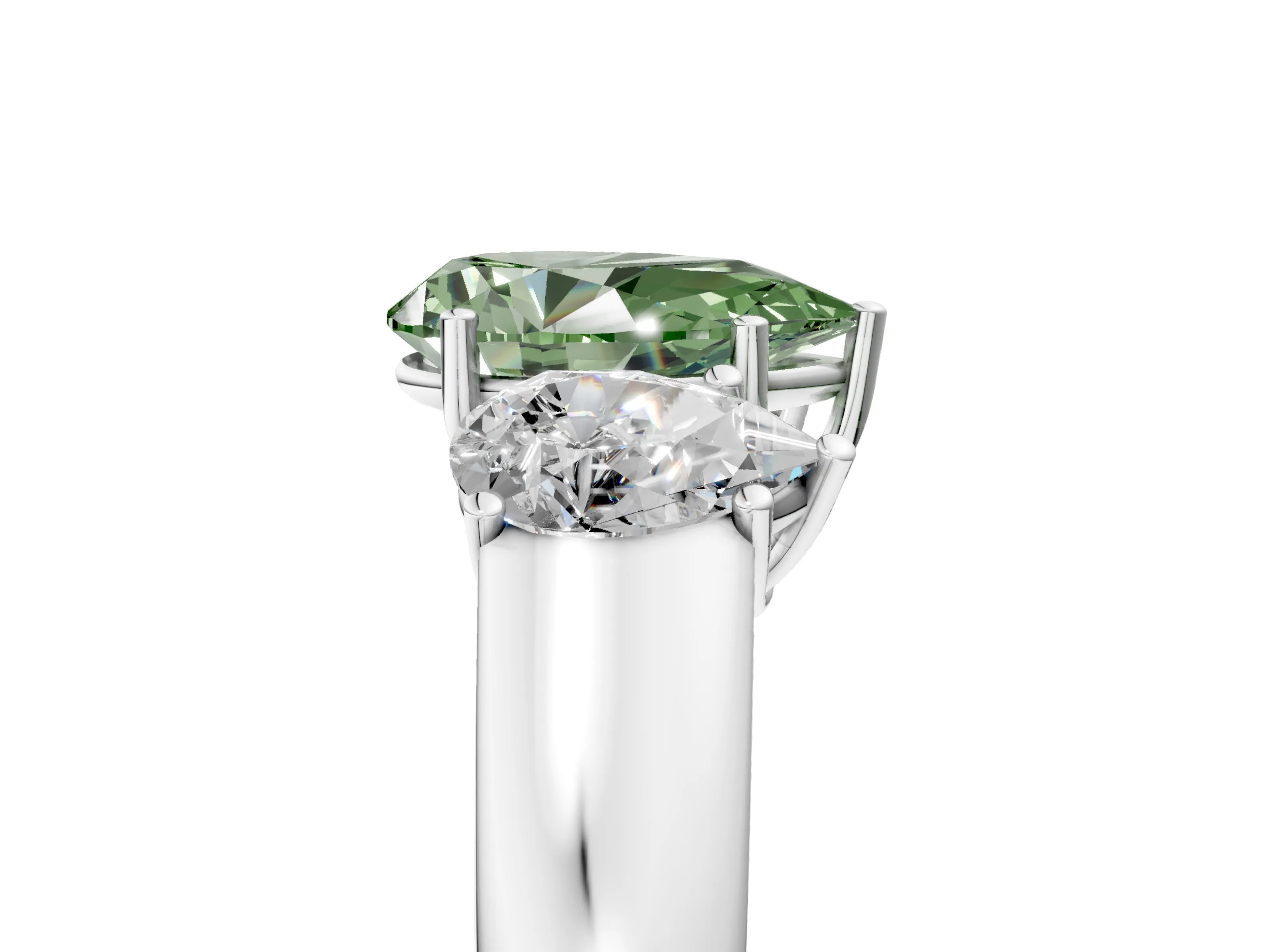 White gold Three-Stone Fancy Green Pear Cut Cut Diamond Ring with Prong Setting and Classic Band_5