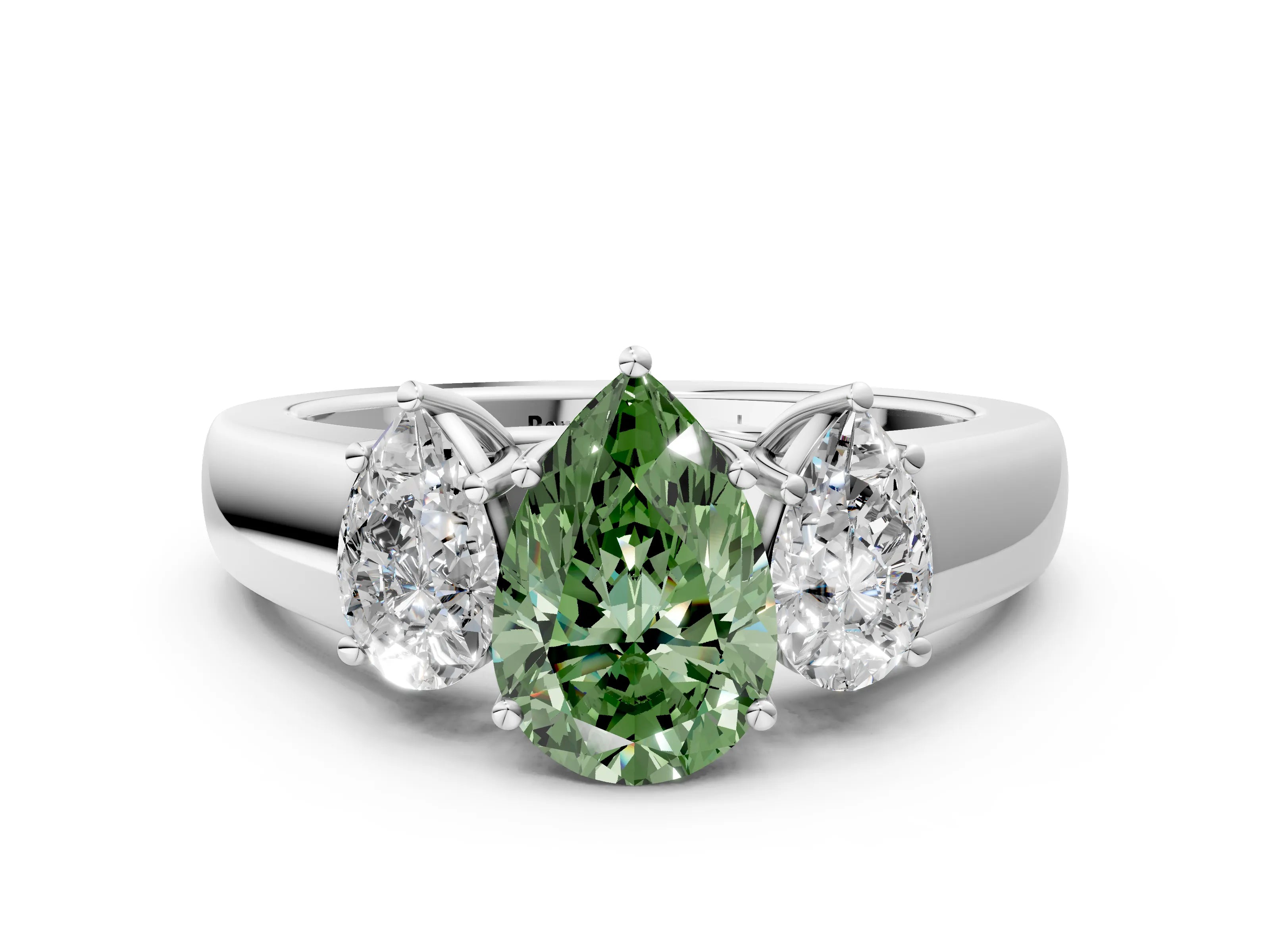 White gold Three-Stone Fancy Green Pear Cut Cut Diamond Ring with Prong Setting and Classic Band
