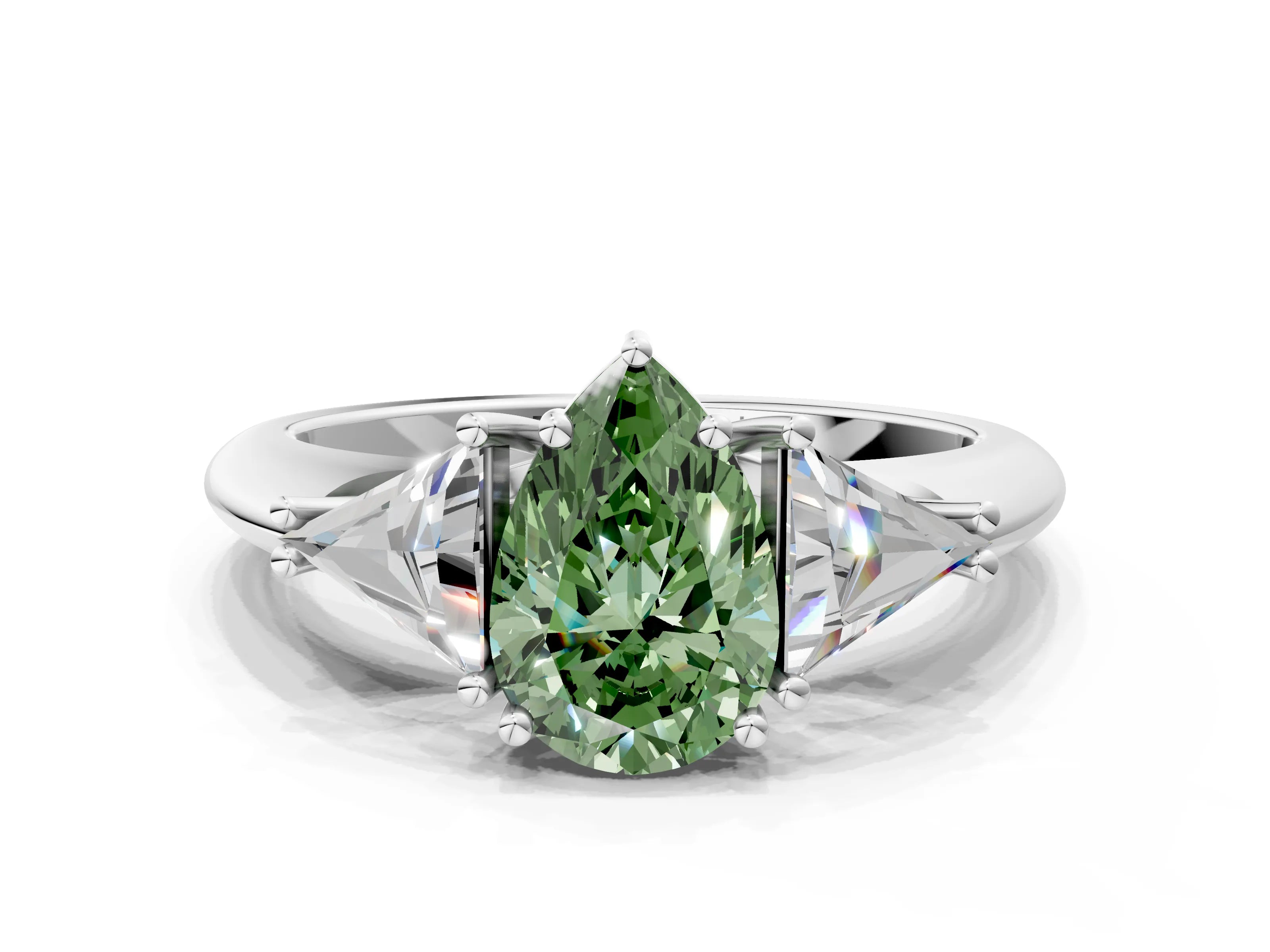 White gold Three-Stone Fancy Green Pear Cut Cut Diamond Ring with Trillion Side Stones and Four-Prong Setting_11