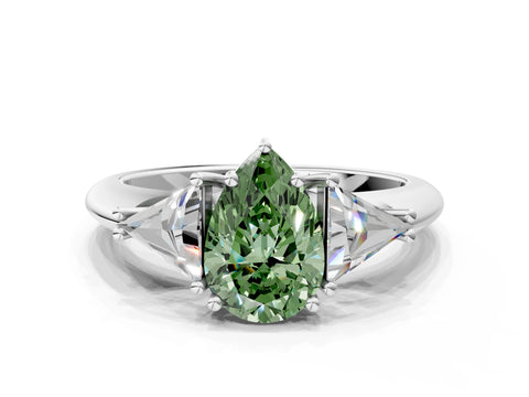 White gold Three-Stone Fancy Green Pear Cut Cut Diamond Ring with Trillion Side Stones and Four-Prong Setting_11