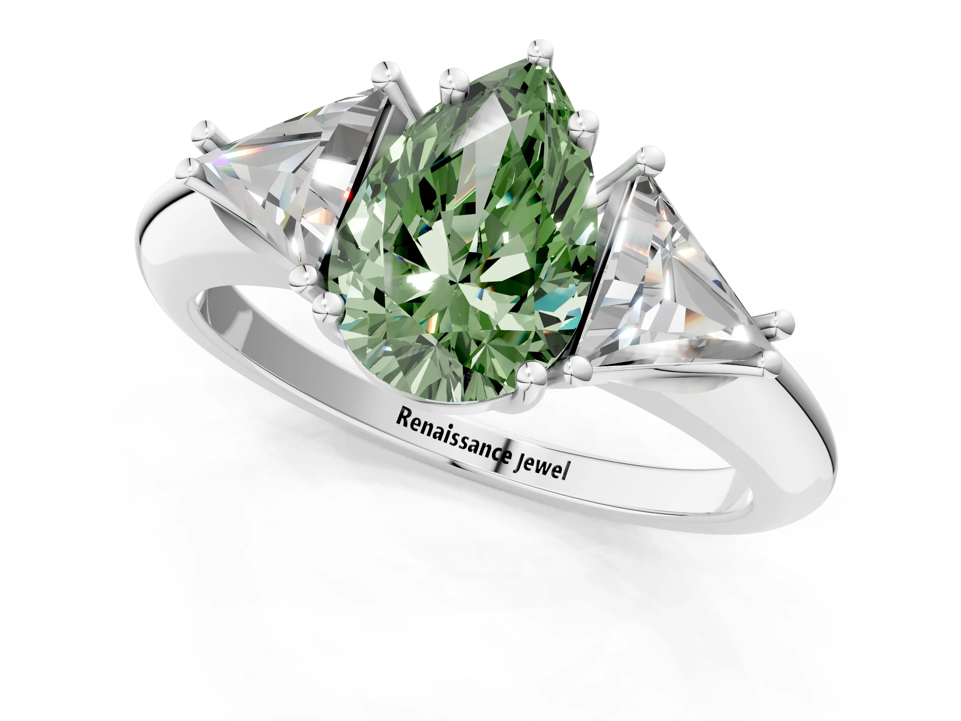 White gold Three-Stone Fancy Green Pear Cut Cut Diamond Ring with Trillion Side Stones and Four-Prong Setting_12