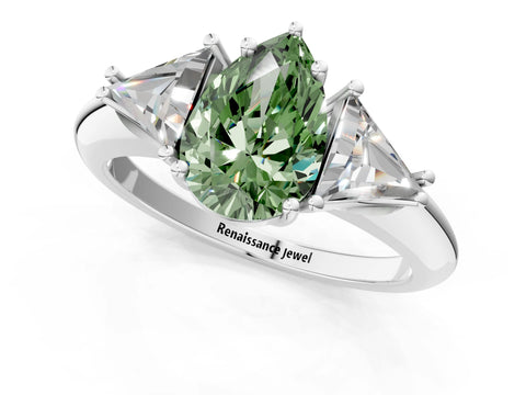 White gold Three-Stone Fancy Green Pear Cut Cut Diamond Ring with Trillion Side Stones and Four-Prong Setting_12
