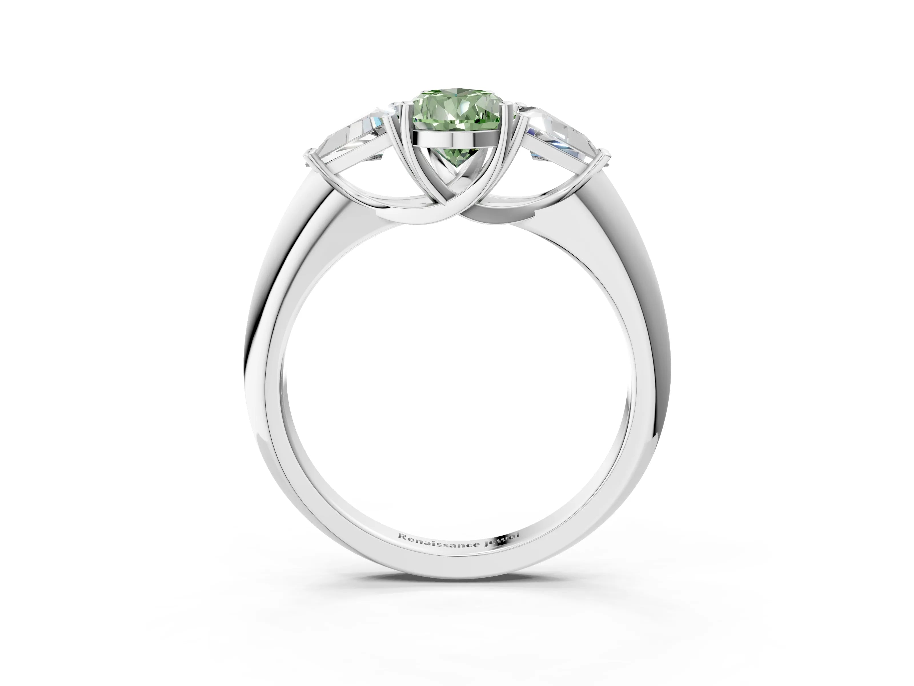 White gold Three-Stone Fancy Green Pear Cut Cut Diamond Ring with Trillion Side Stones and Four-Prong Setting_14