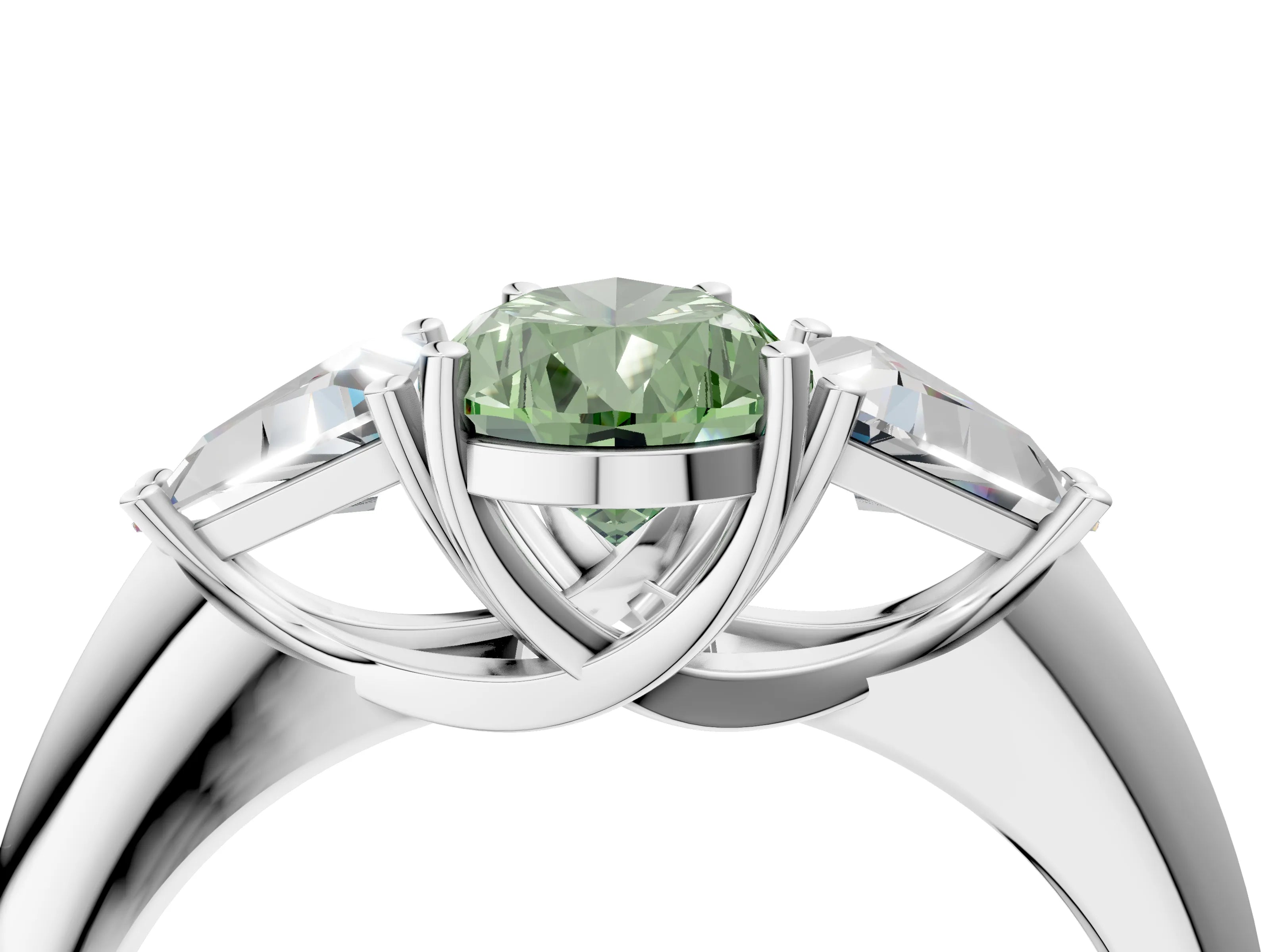 White gold Three-Stone Fancy Green Pear Cut Cut Diamond Ring with Trillion Side Stones and Four-Prong Setting_15